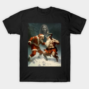 True Christmas: Jesus Christ Observes the Epic Battle Between Santa Claus and Krampus on a Dark Background T-Shirt